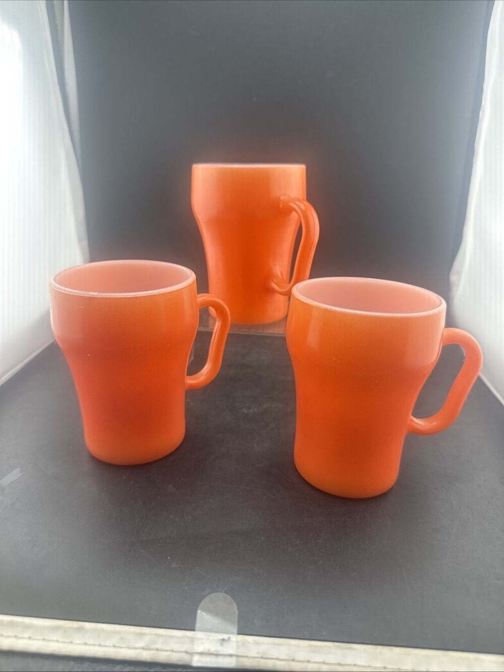 Vintage Fire King Orange Milk Glass Soda Mugs D Handle Anchor Hocking Set of 3